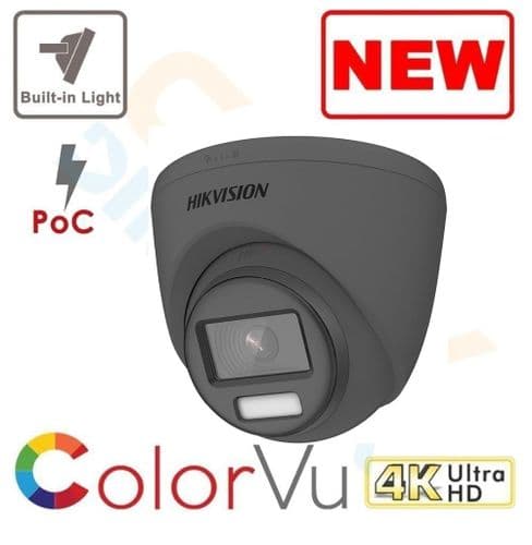 8MP 4K DS-2CE72UF3T-E ColorVu POC Fixed Turret Camera 40M With Light - TVI - Grey