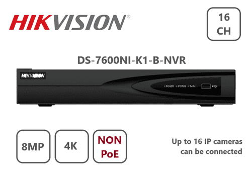 8MP DS-7616NI-K1/B Hikvision - 16 Channel 4K NVR - Non  PoE
