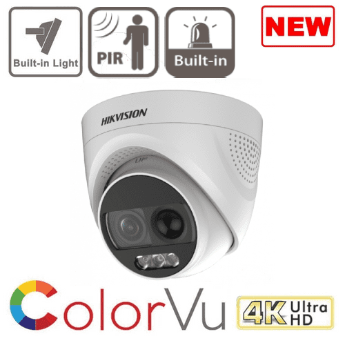 8MP Hikvision DS-2CE72UF3T-PIRXO 4K ColorVu PIR Siren Fixed Turret Camera - TVI - White - In Stock