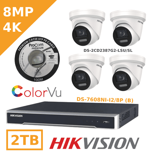 8MP IP ColorVu CCTV Kit - 8 Channel-POE CCTV Kit - DS-2CD2387G2-LSU/SL -  2.8MM - BLACK / WHITE