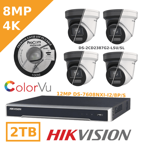 8MP IP ColorVu CCTV Kit - 8 Channel-POE NXI CCTV Kit - DS-2CD2387G2-LSU/SL -  2.8MM - BLACK / WHITE