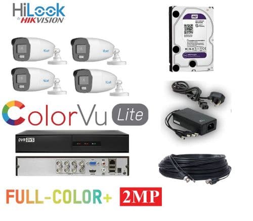 HiLook 8Ch Kit with 4x THC-B229-M 2MP TVI ColorVu Bullet 2.8mm Cameras + 8ch DVR-208G-F1 KIT