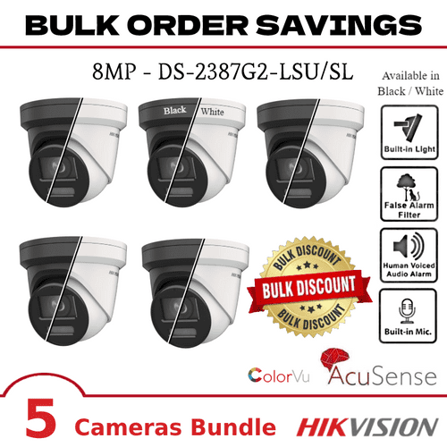 Bulk Order Deal - 5 x 8MP Hikvision DS-2387G2-LSU/SL AcuSense ColorVu IP PoE Camera