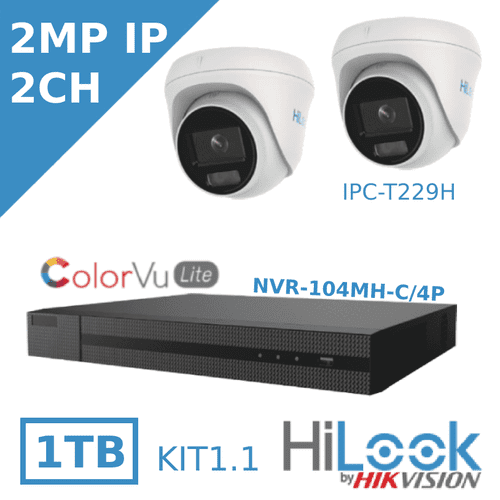 HiLook HD IP ColorVu CCTV KIT - 2MP IPC-T229H Turrets + 4 CH HiLook NVR 104MH - 2 CAMERA CCTV KIT