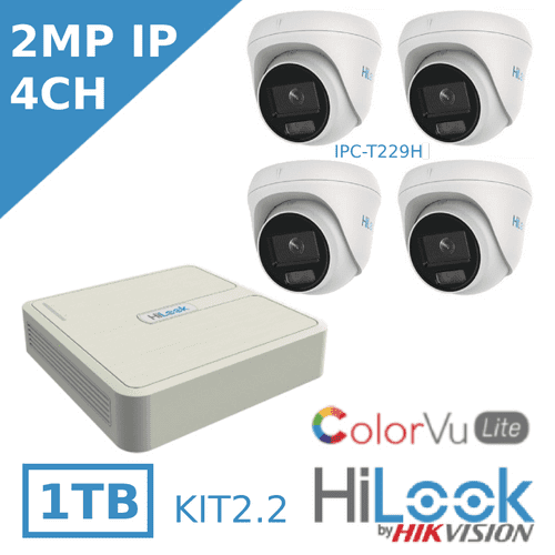 HiLook HD IP ColorVu CCTV KIT - 2MP IPC-T229H Turrets  + 4 CH HiLook NVR  - 4 CAMERA CCTV KIT